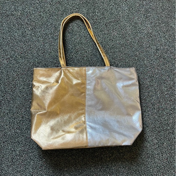 Color-block Shiny Metallic Silver & Gold Medium Large Tote Bag Pockets Laptop - Picture 5 of 16